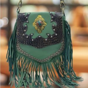 Leather Avocado Green Ladies Shoulder Bag With Embellished And Fringe.